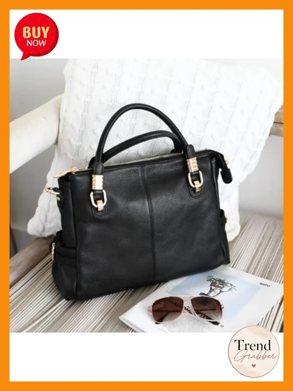 Genuine Leather Satchel Handbag with Adjustable Strap Shoulder Tote